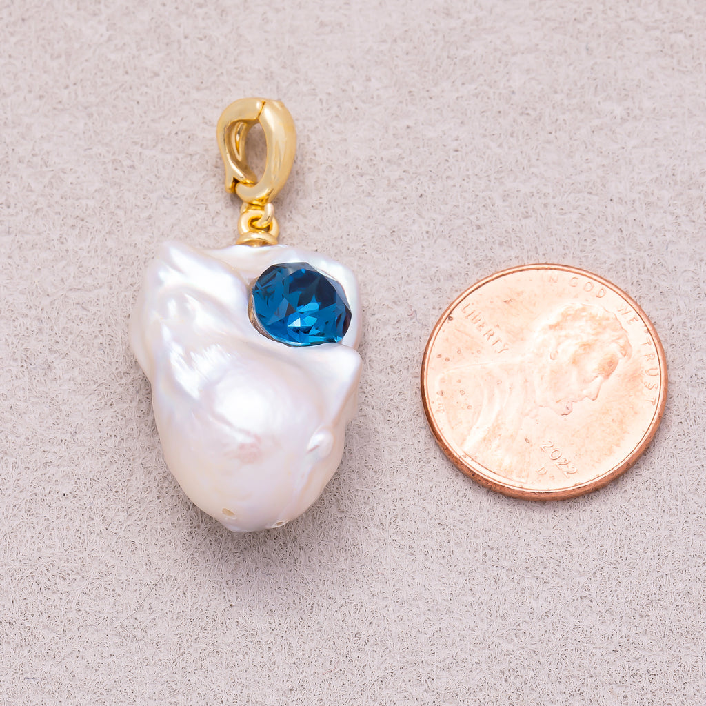 18K Gold Plated Blue CZ White Freshwater Pearl Conch Shell Pendant - Sold Each
