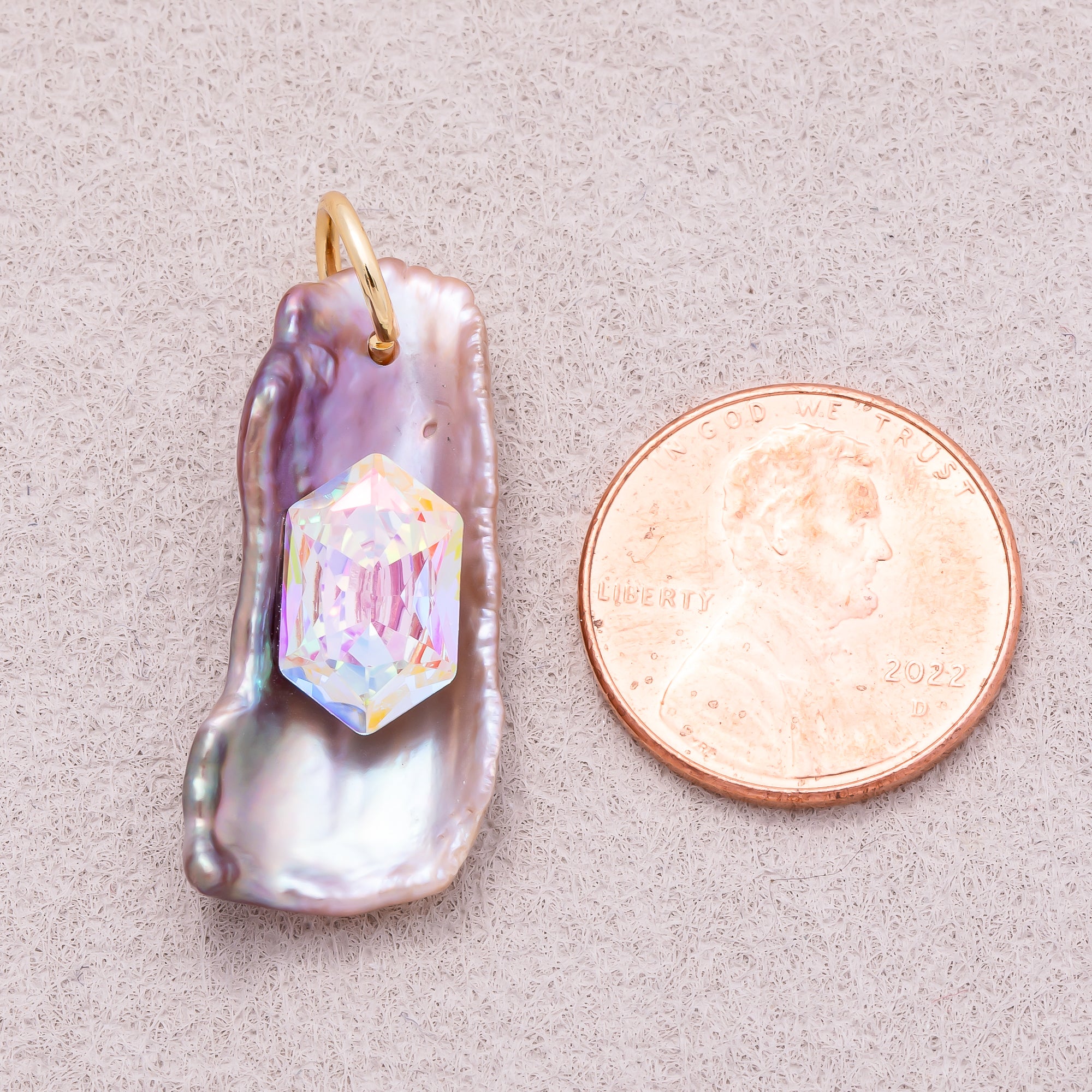 18K Gold Plated Hexagon CZ Stick Baroque Iridescent Freshwater Pearl Charm - Sold Each