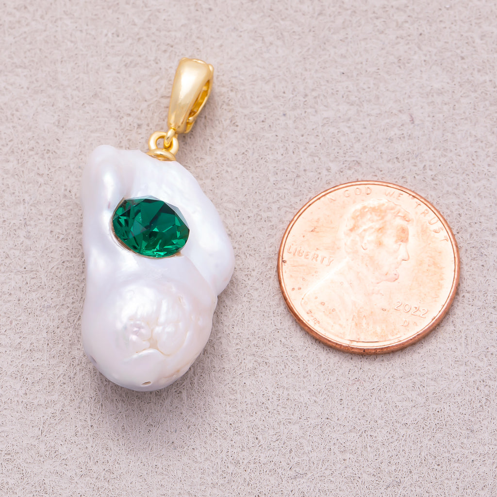 18K Gold Plated Green CZ White Freshwater Pearl Conch Shell Pendant - Sold Each