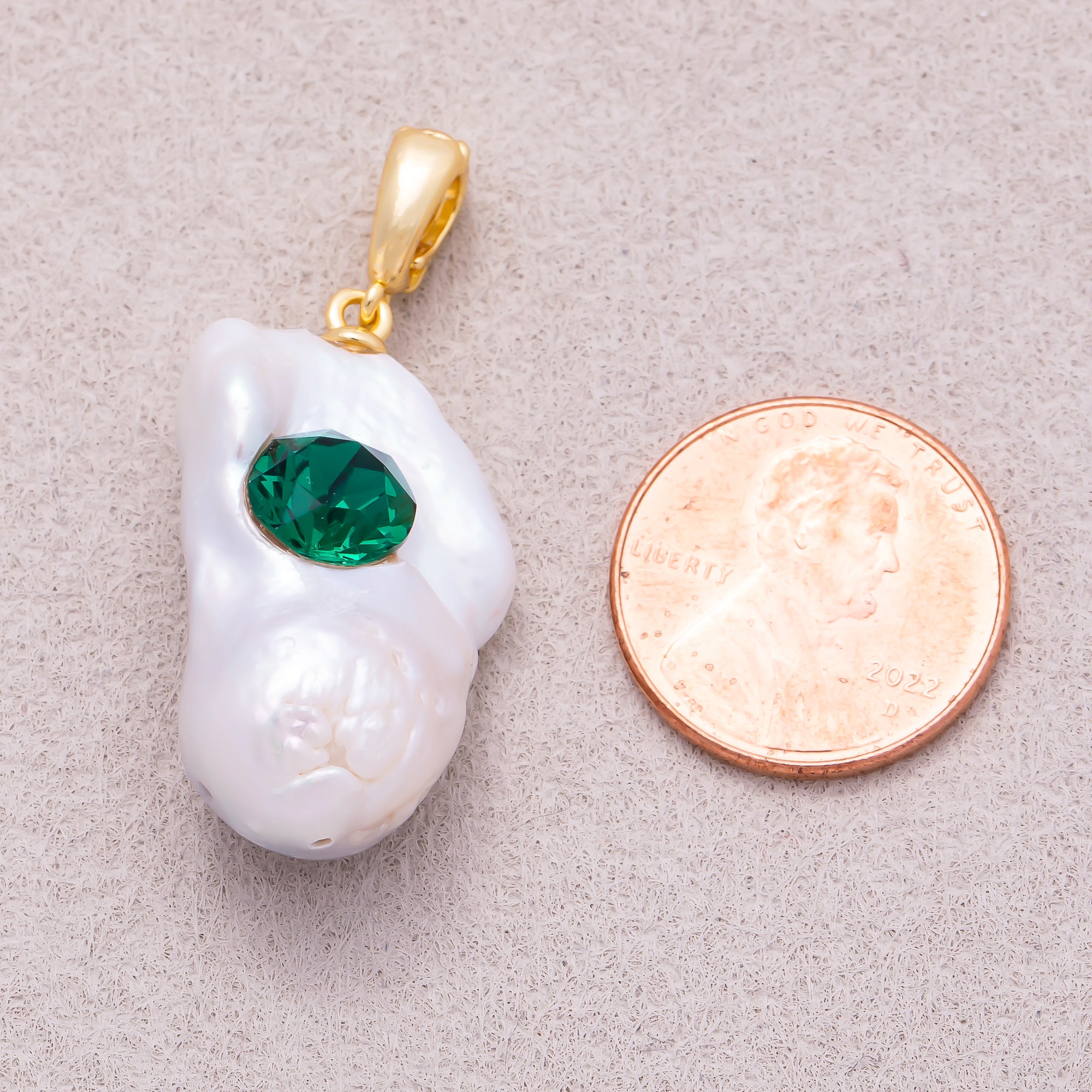 18K Gold Plated Green CZ White Freshwater Pearl Conch Shell Pendant - Sold Each