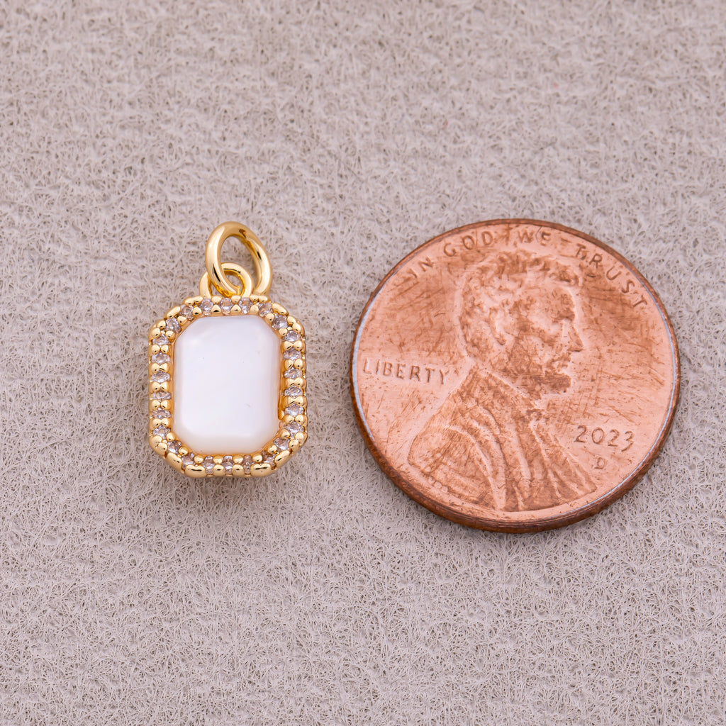 18K Gold Plated Micro Paved CZ White Quartz Natural Gemstone Rectangular Charm - Sold Each