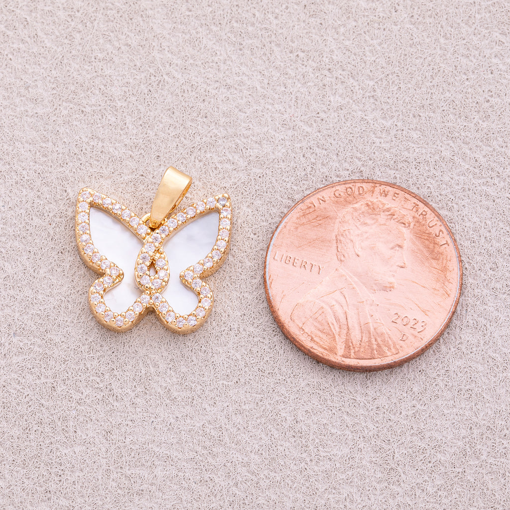 18K Gold Plated Mini Micro Paved CZ Mother of Pearl Butterfly Mariposa Animal Pendant - Sold Each