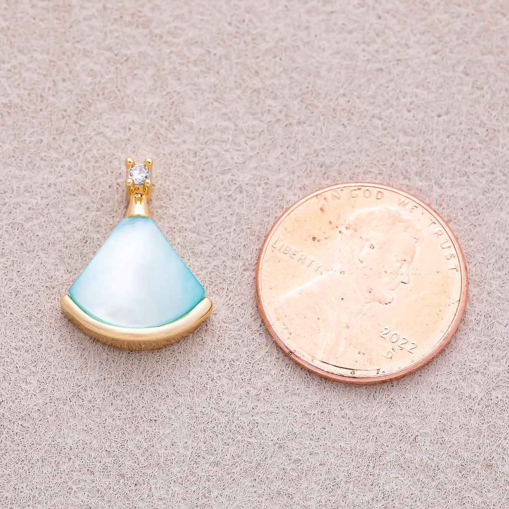 16K Gold Plated Pink, White, Light Blue Shell Pearl CZ Fan Pendant - Sold Each