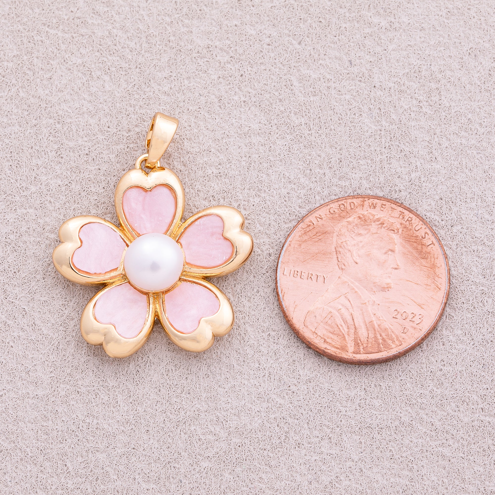 18K Gold Plated Pink Freshwater Pearl Flower Pendant - Sold Each