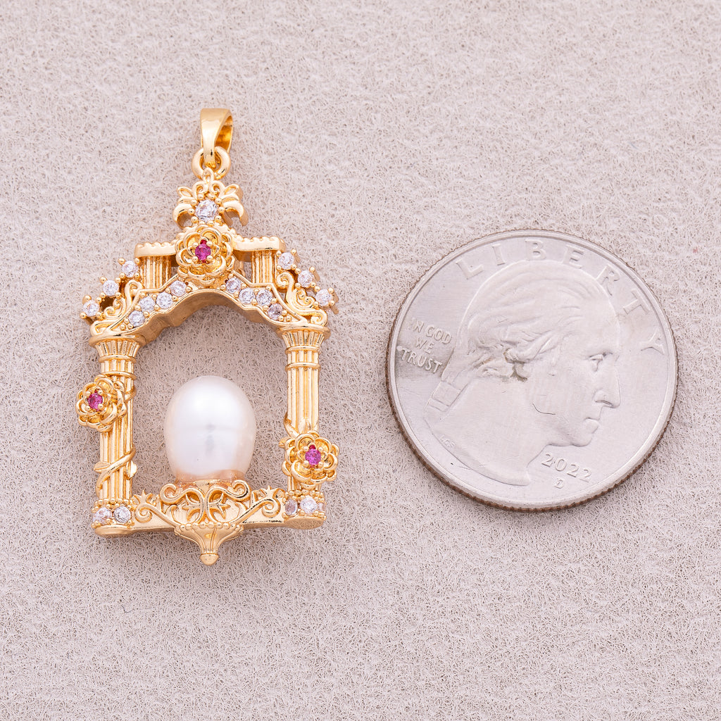 18K Gold Plated Shell Pearl CZ Floral Vintage Palace Window Pendant - Sold Each