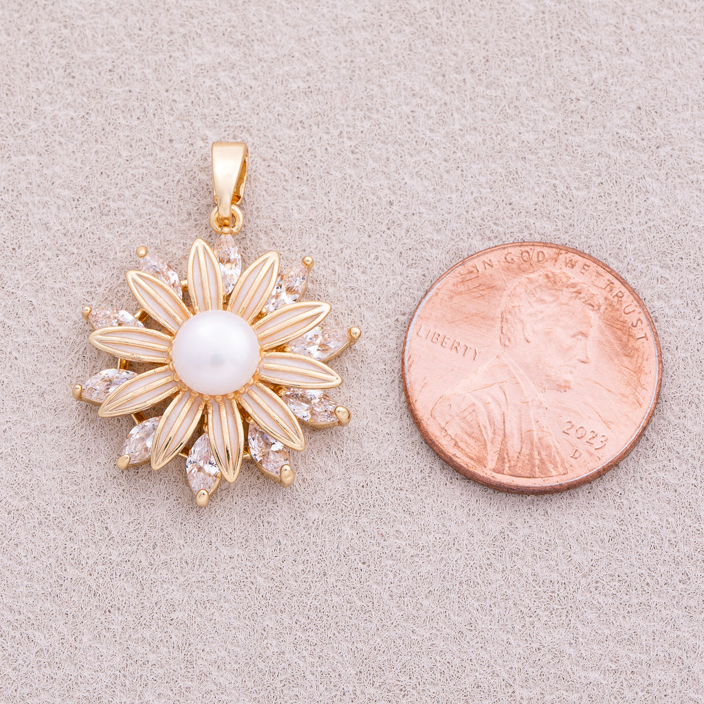 16K Gold Plated Shell Pearl Marquise CZ Daisy Flower Pendant - Sold Each