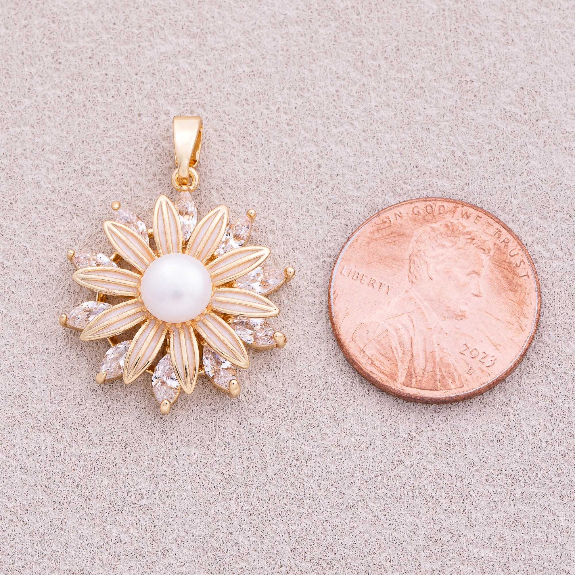 16K Gold Plated Shell Pearl Marquise CZ Daisy Flower Pendant - Sold Each