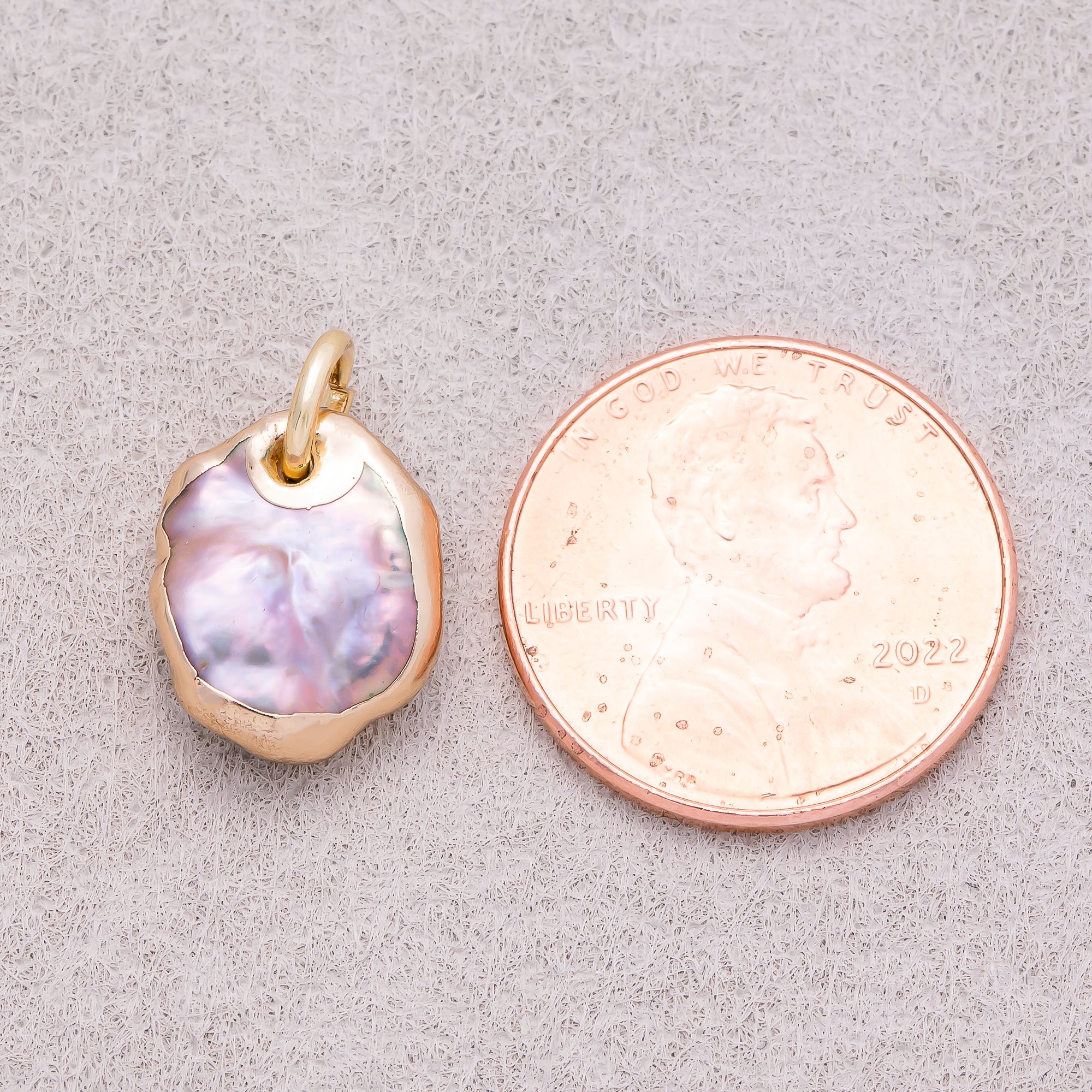 18K Gold Plated Baroque Freshwater Pearl Hammered Asymmetric Round Charm - Sold Each