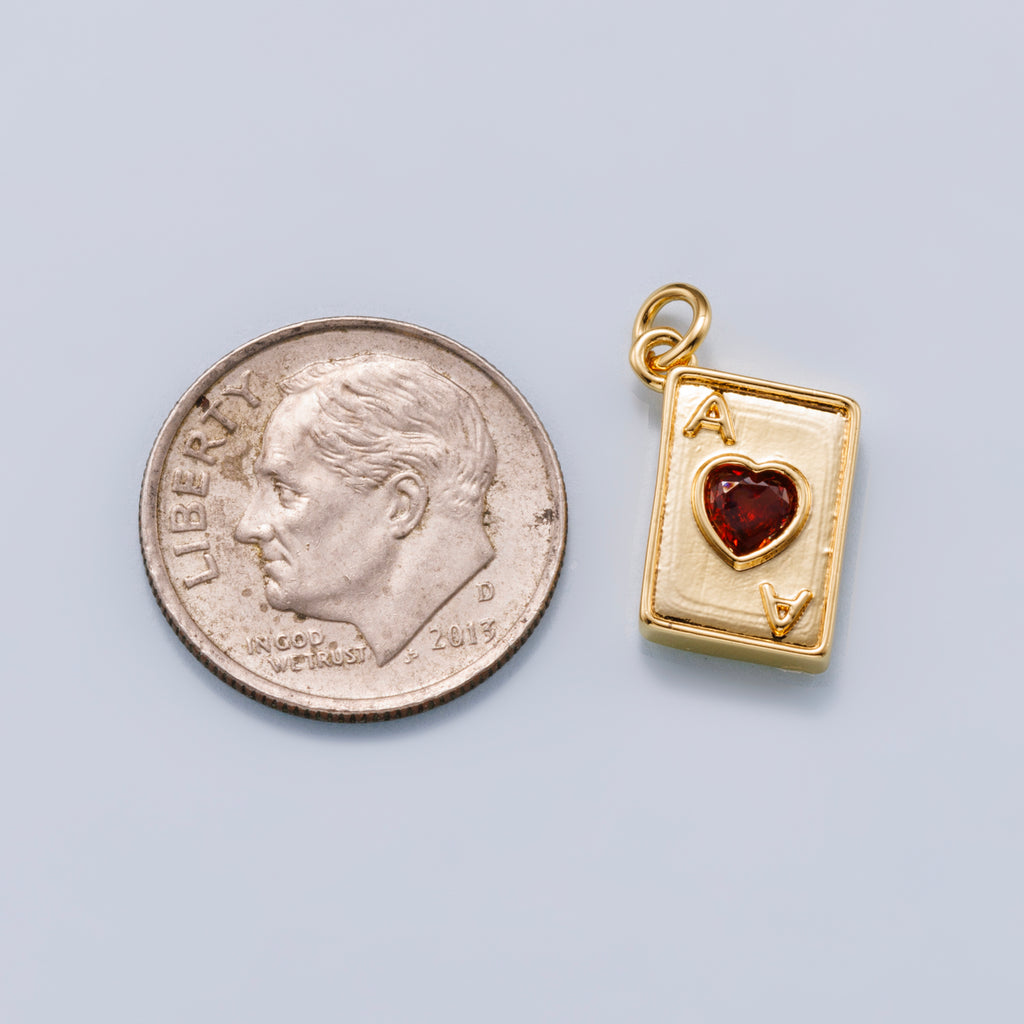 16K Gold Plated Red CZ Ace of Hearts Charm - Sold Each