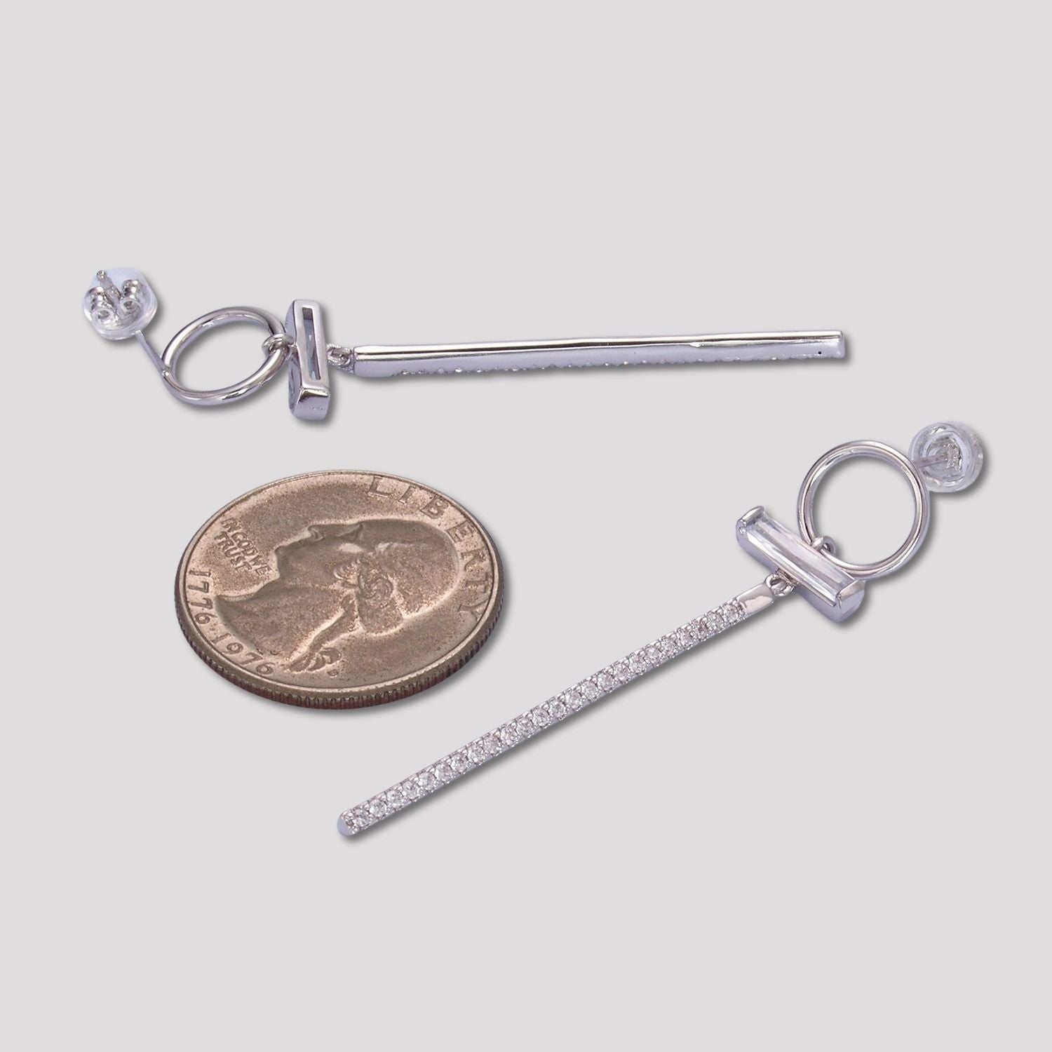 Rhodium Plated Micro Paved CZ Geometric Long Bar Drop Stud Earrings