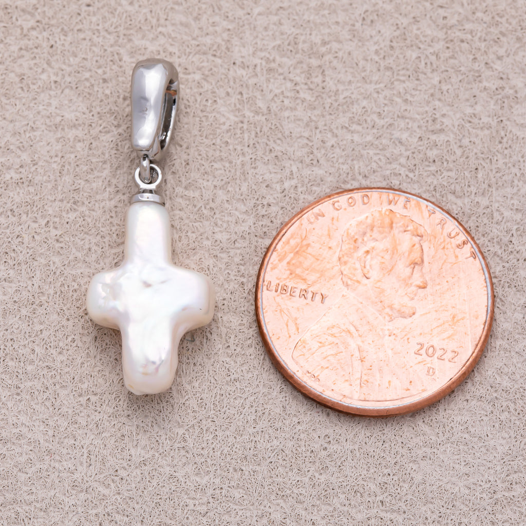 Rhodium Plated Freshwater Pearl Minimalist Religious Cross Pendant - Sold Each