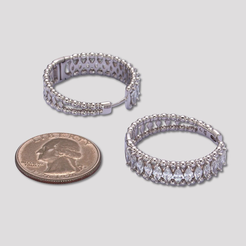 Rhodium Plated Micro Paved Marquise CZ Huggie Hoop Earrings