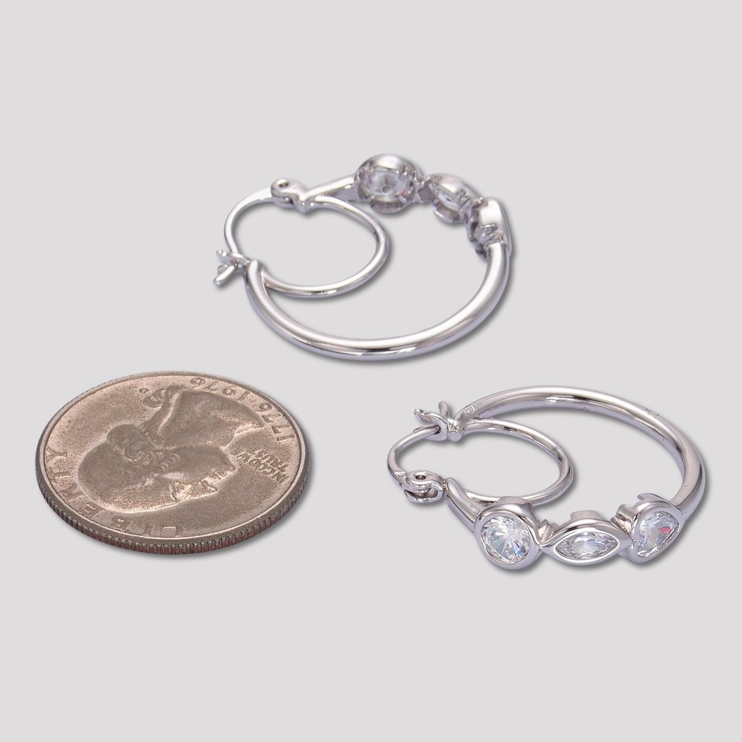 Rhodium Plated Multi-Cut CZ Double Layers Hoop Earrings