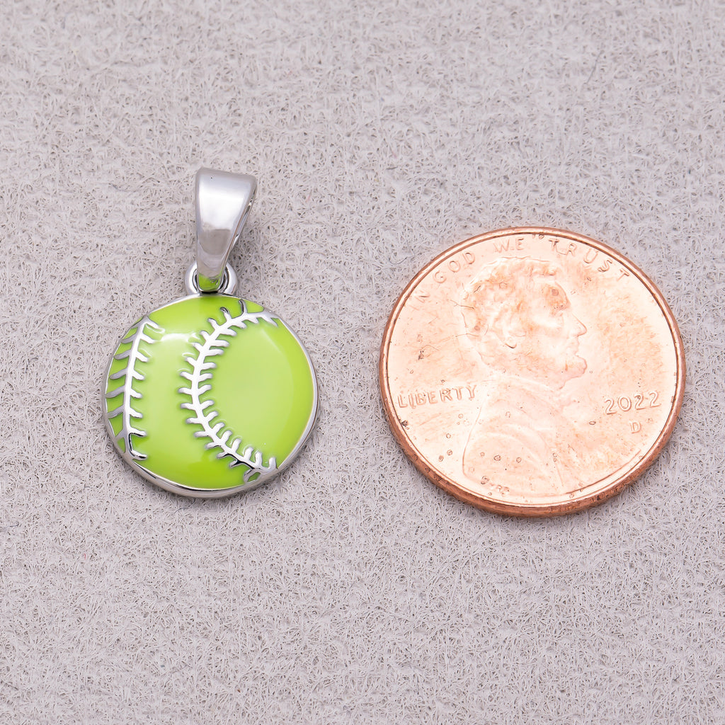 Rhodium Plated White & Green Enamel Baseball Sport Pendant - Sold Each