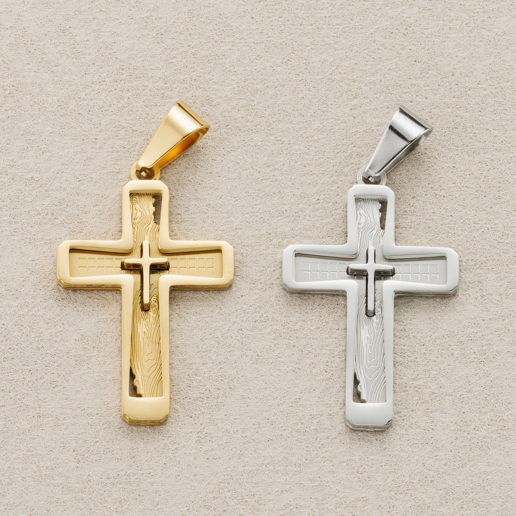 Launch Promo: 24K Gold PVD Stainless Steel Textured Inset 3D Cross Pendant | Sold Each