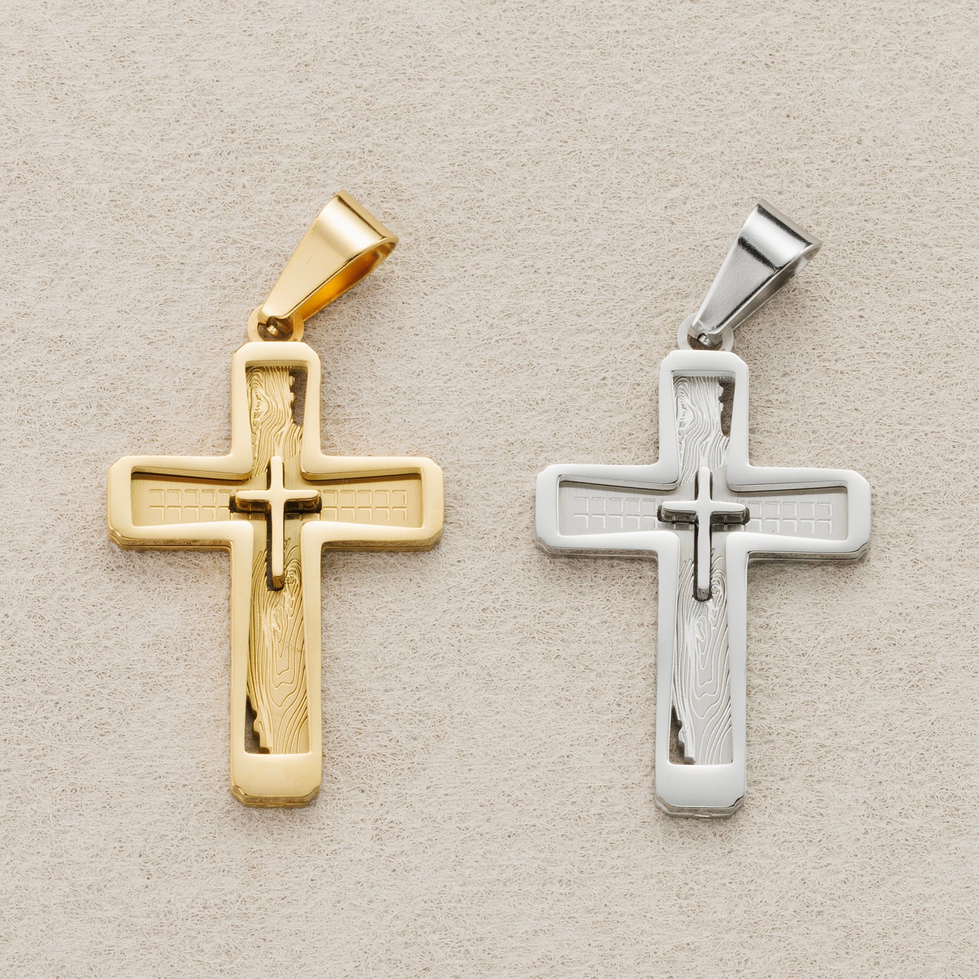 Launch Promo: 24K Gold PVD Stainless Steel Textured Inset 3D Cross Pendant | Sold Each