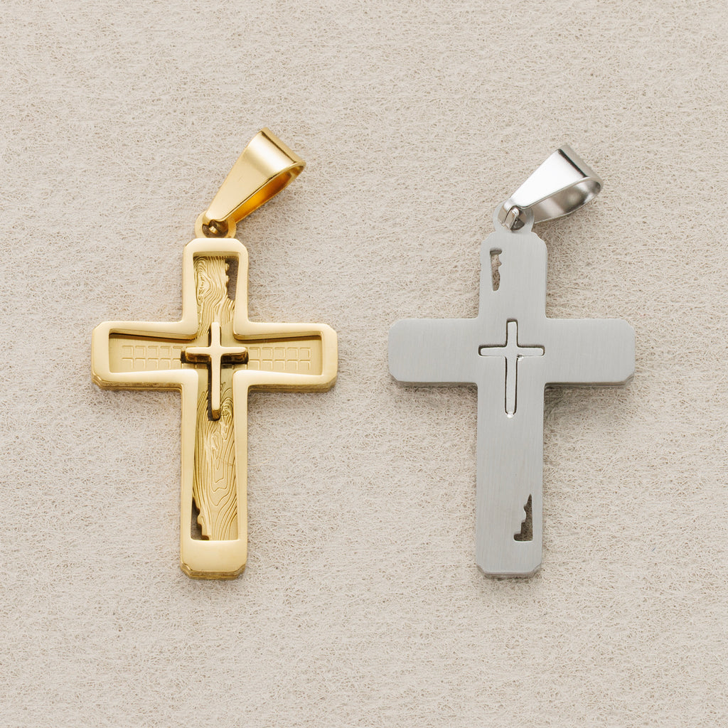 Launch Promo: 24K Gold PVD Stainless Steel Textured Inset 3D Cross Pendant | Sold Each