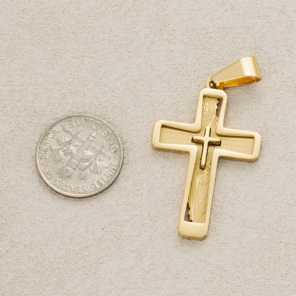 Launch Promo: 24K Gold PVD Stainless Steel Textured Inset 3D Cross Pendant | Sold Each