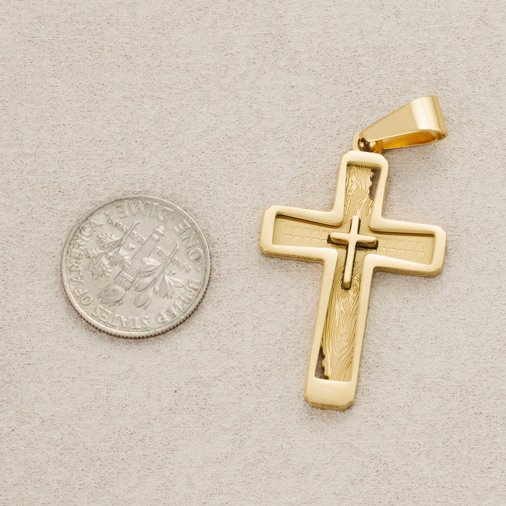 Launch Promo: 24K Gold PVD Stainless Steel Textured Inset 3D Cross Pendant | Sold Each