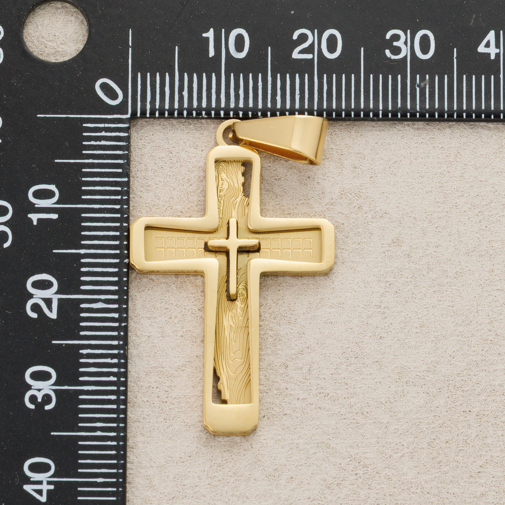 Launch Promo: 24K Gold PVD Stainless Steel Textured Inset 3D Cross Pendant | Sold Each