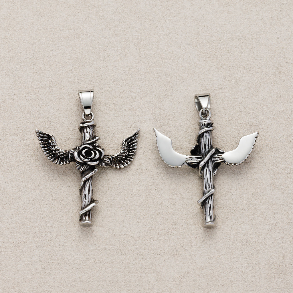 Launch Promo: Stainless Steel Gothic Angel Rose Cross Pendant | Sold Each