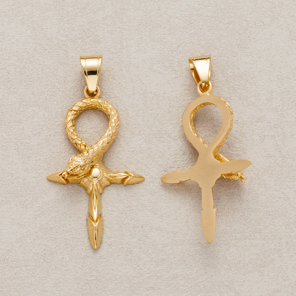 Launch Promo: 24K Gold PVD Stainless Steel Textured Serpent Ankh Sword Cross Pendant | Sold Each
