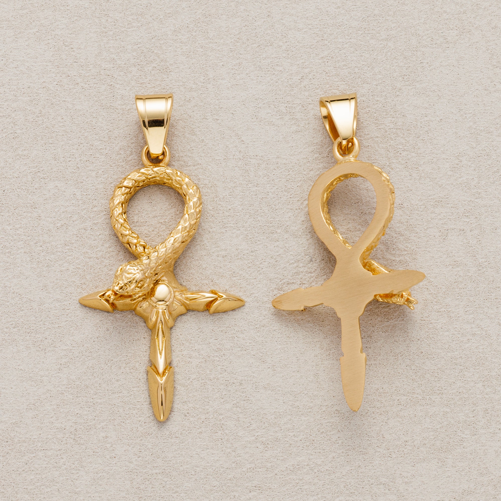 Launch Promo: 24K Gold PVD Stainless Steel Textured Serpent Ankh Sword Cross Pendant | Sold Each