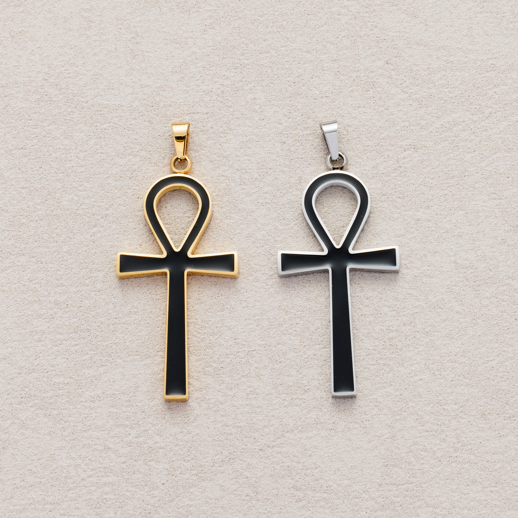 Launch Promo: 24K Gold PVD Stainless Steel Minimalist Black Enamel Ankh Cross Pendant in Gold & Silver | Sold Each