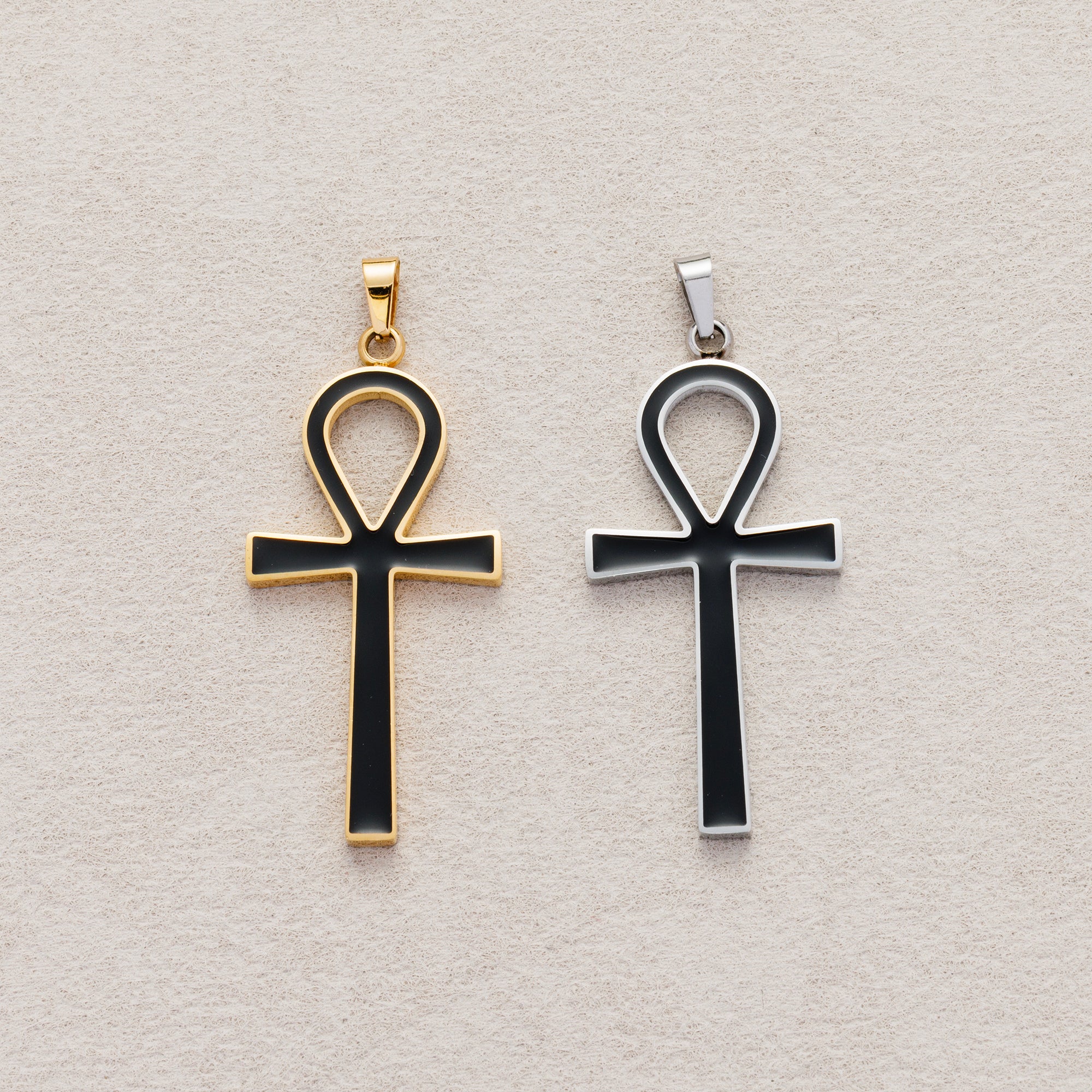Launch Promo: 24K Gold PVD Stainless Steel Minimalist Black Enamel Ankh Cross Pendant in Gold & Silver | Sold Each