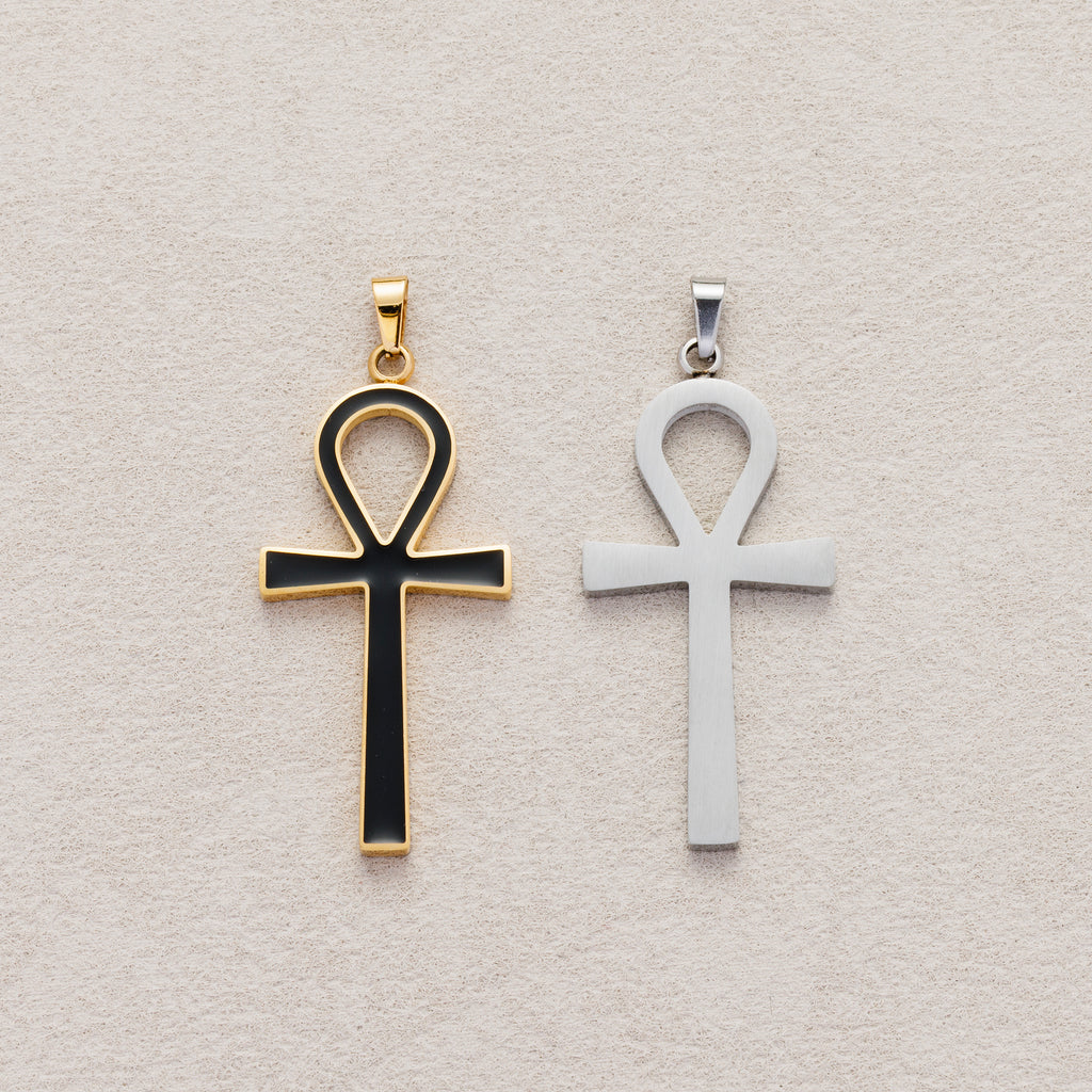 Launch Promo: 24K Gold PVD Stainless Steel Minimalist Black Enamel Ankh Cross Pendant in Gold & Silver | Sold Each