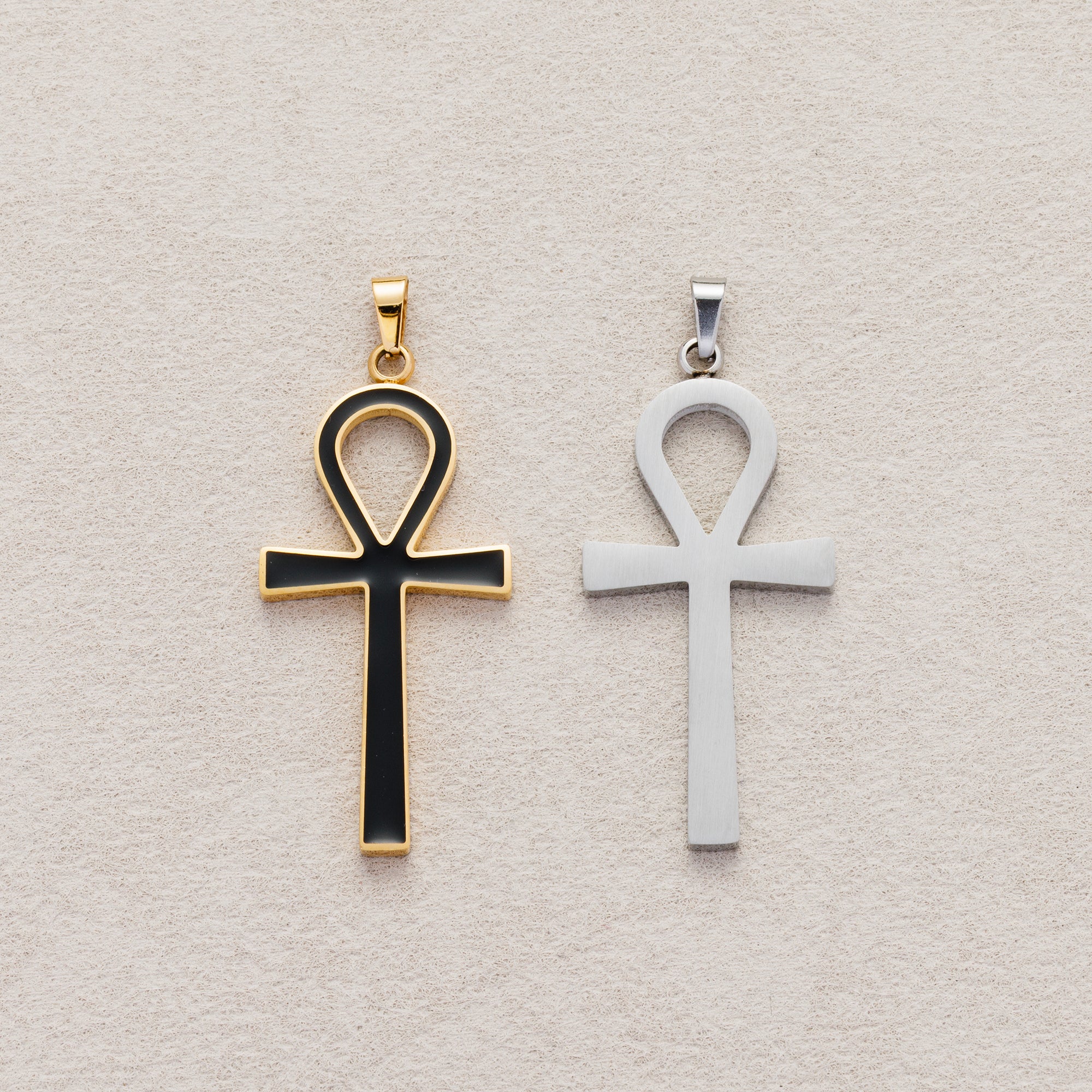 Launch Promo: 24K Gold PVD Stainless Steel Minimalist Black Enamel Ankh Cross Pendant in Gold & Silver | Sold Each