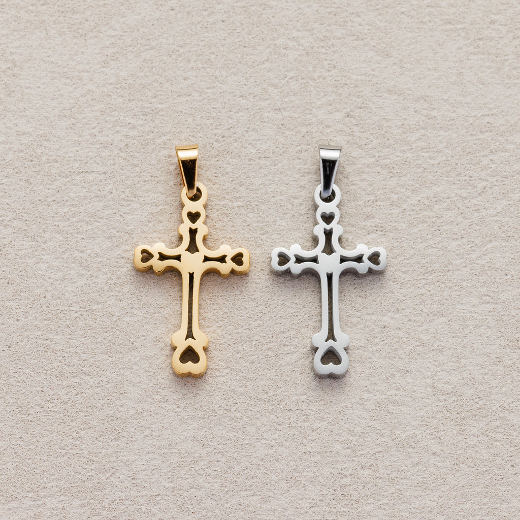 Launch Promo: 24K Gold PVD Stainless Steel Hollow Heart Cross Pendant in Gold & Silver | Sold Each