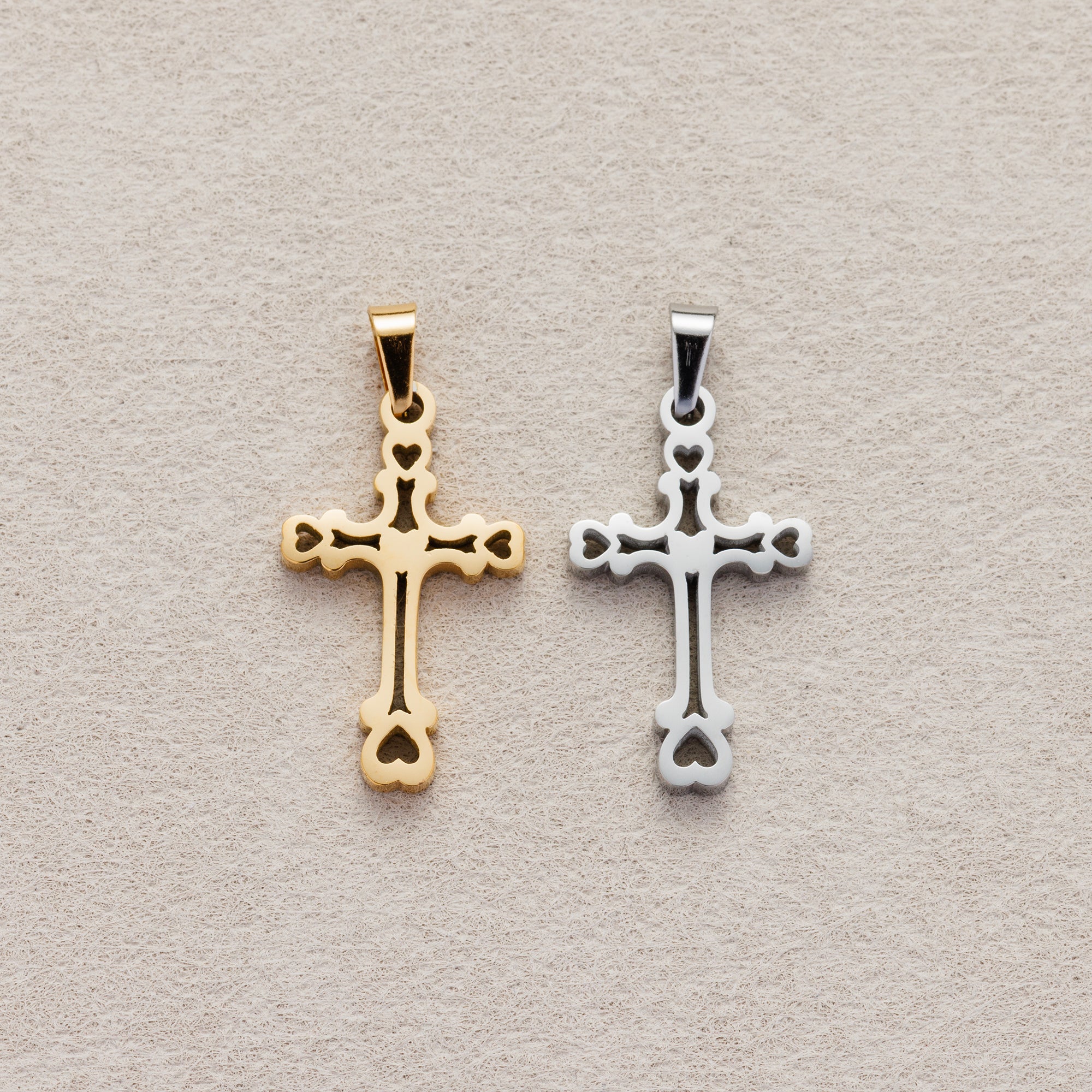 Launch Promo: 24K Gold PVD Stainless Steel Hollow Heart Cross Pendant in Gold & Silver | Sold Each
