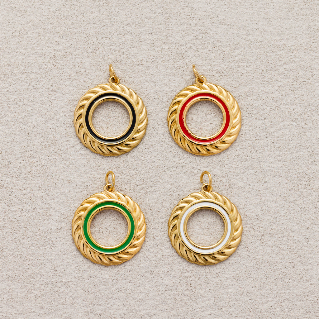 Launch Promo: 24K Gold PVD Stainless Steel Colorful Open Round Rope Bezel Enamel Medallion Charm | Sold Each