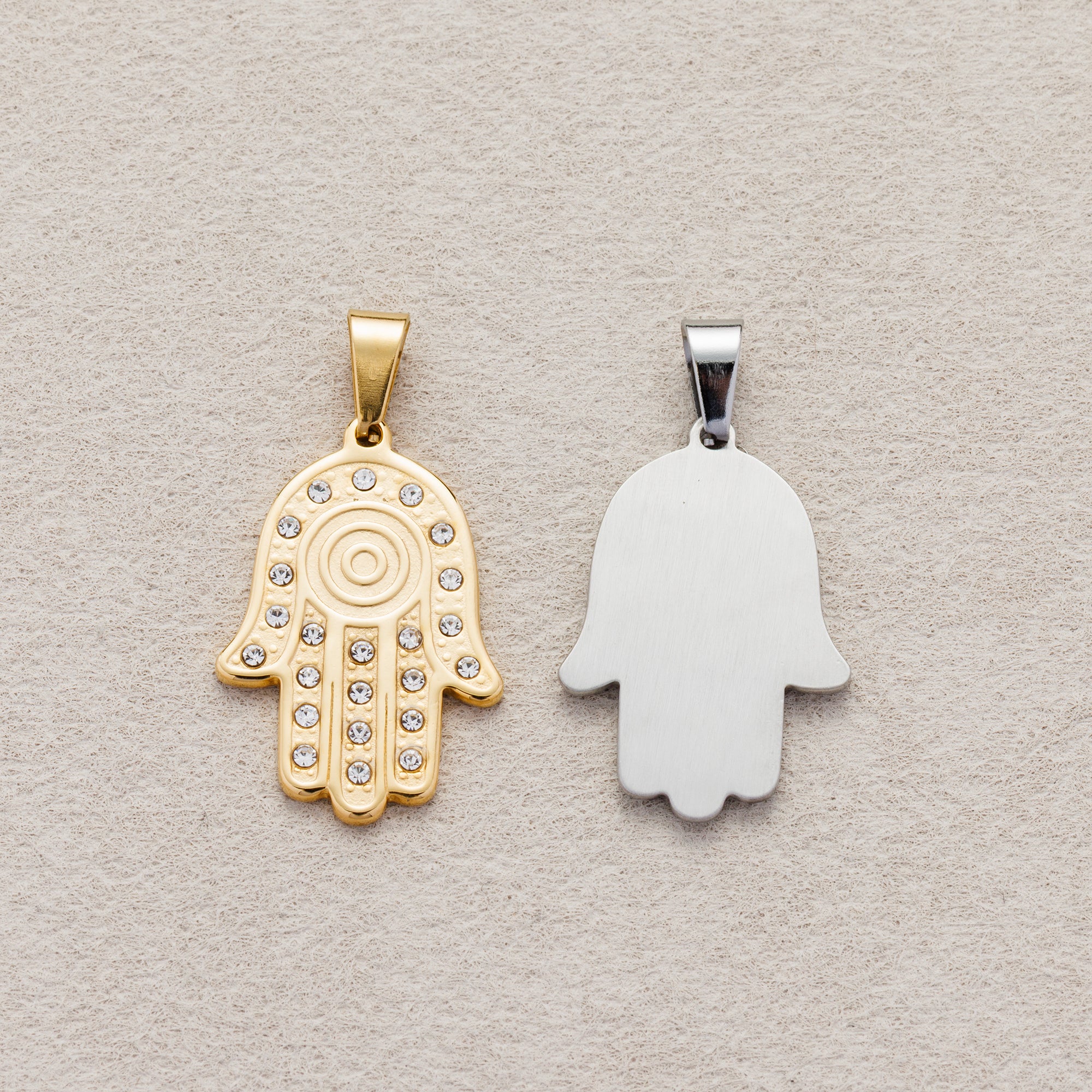 Launch Promo: 24K Gold PVD Stainless Steel Micro Paved Hamsa Hand Protection Pendant in Gold & Silver | Sold Each
