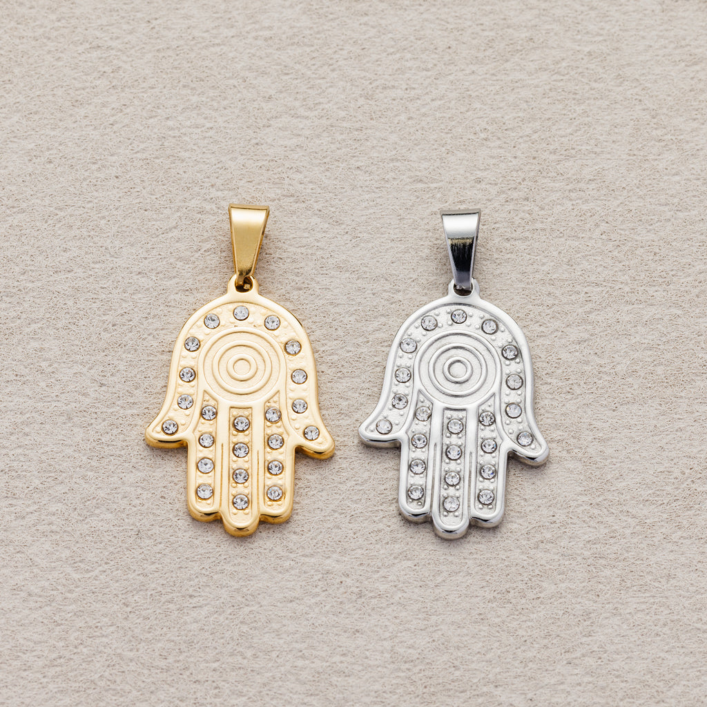 Launch Promo: 24K Gold PVD Stainless Steel Micro Paved Hamsa Hand Protection Pendant in Gold & Silver | Sold Each