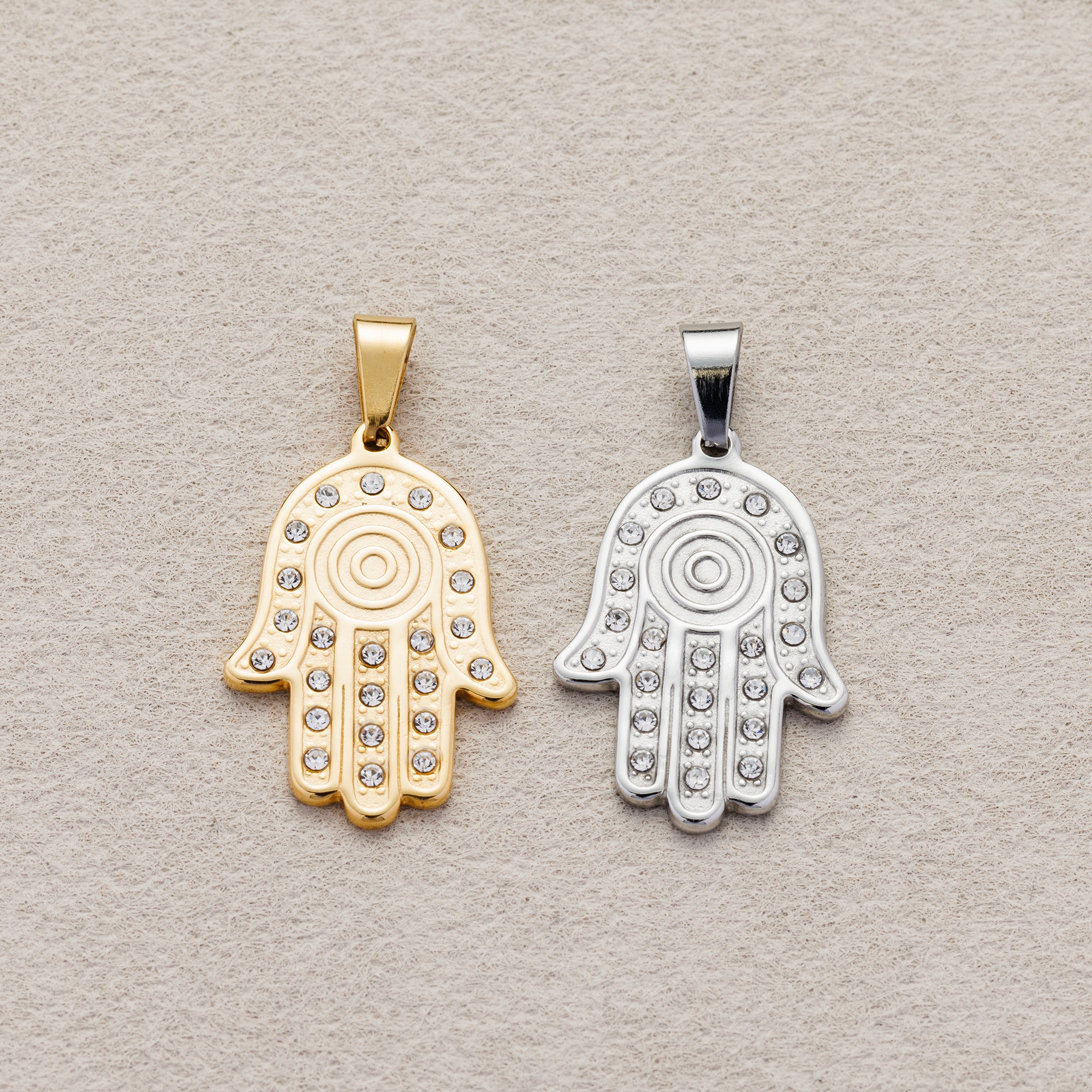 Launch Promo: 24K Gold PVD Stainless Steel Micro Paved Hamsa Hand Protection Pendant in Gold & Silver | Sold Each