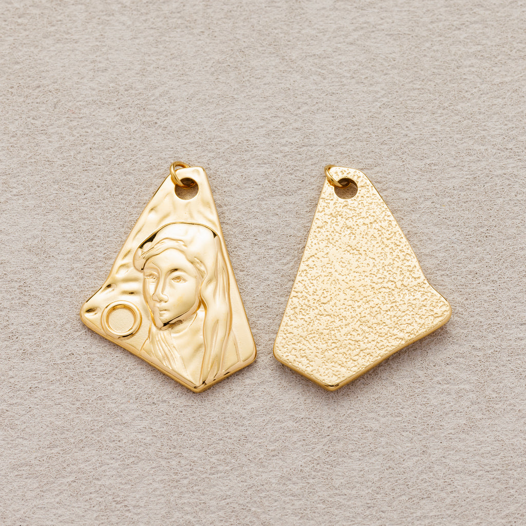 Launch Promo: 24K Gold PVD Stainless Steel Artistic Irregular Religious Virgin Mary Shield Charm | Sold Each