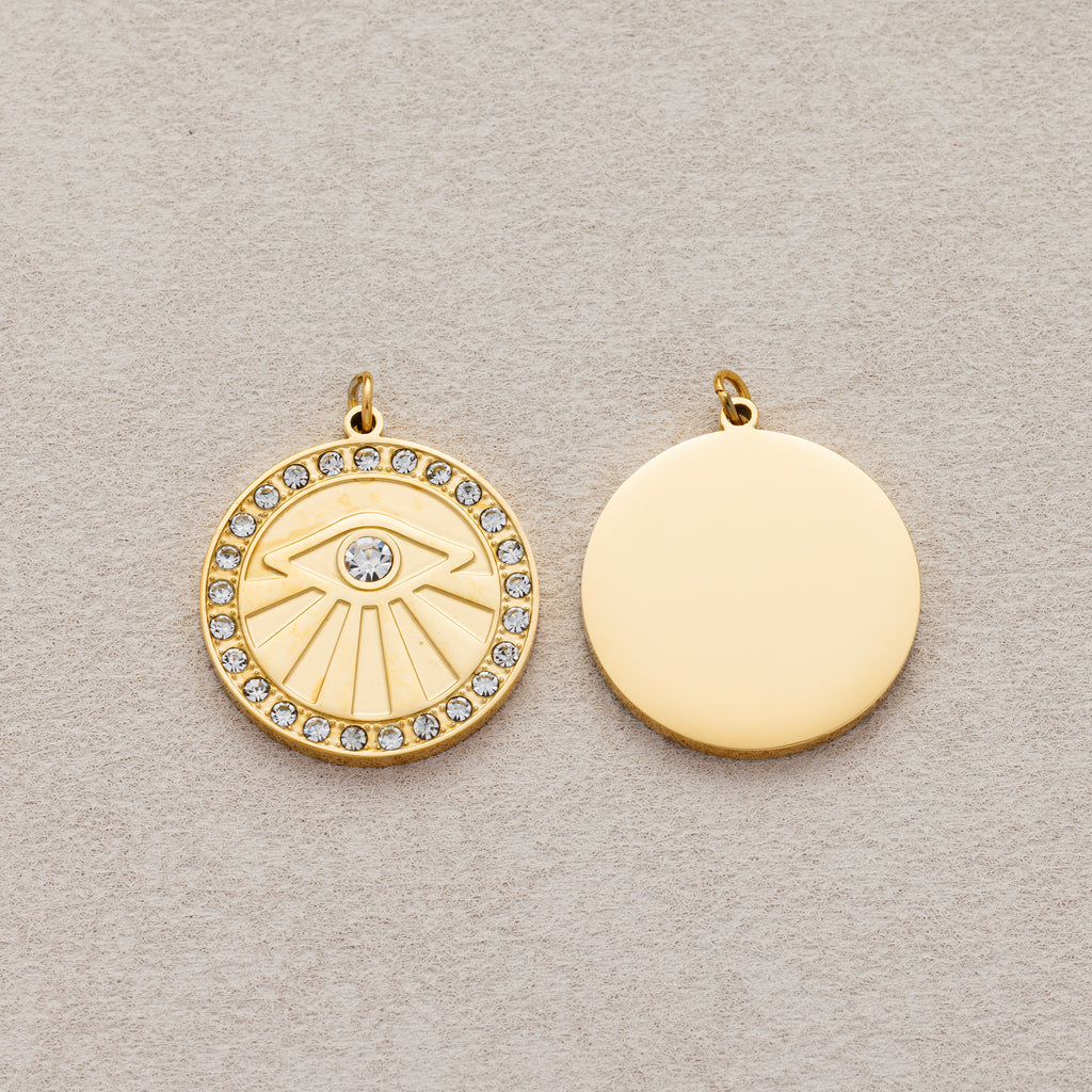 Launch Promo: 14K Gold PVD Stainless Steel Micro Paved CZ Round Bezel Sunburst Evil Eye Charm | Sold Each