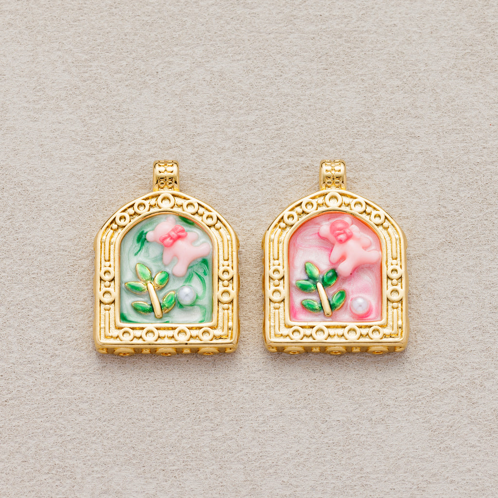 Launch Promo: 24K Gold PVD Stainless Steel Shell Pearl Teddy Bear Garden Enamel Charm in Pink & Green | Sold Each
