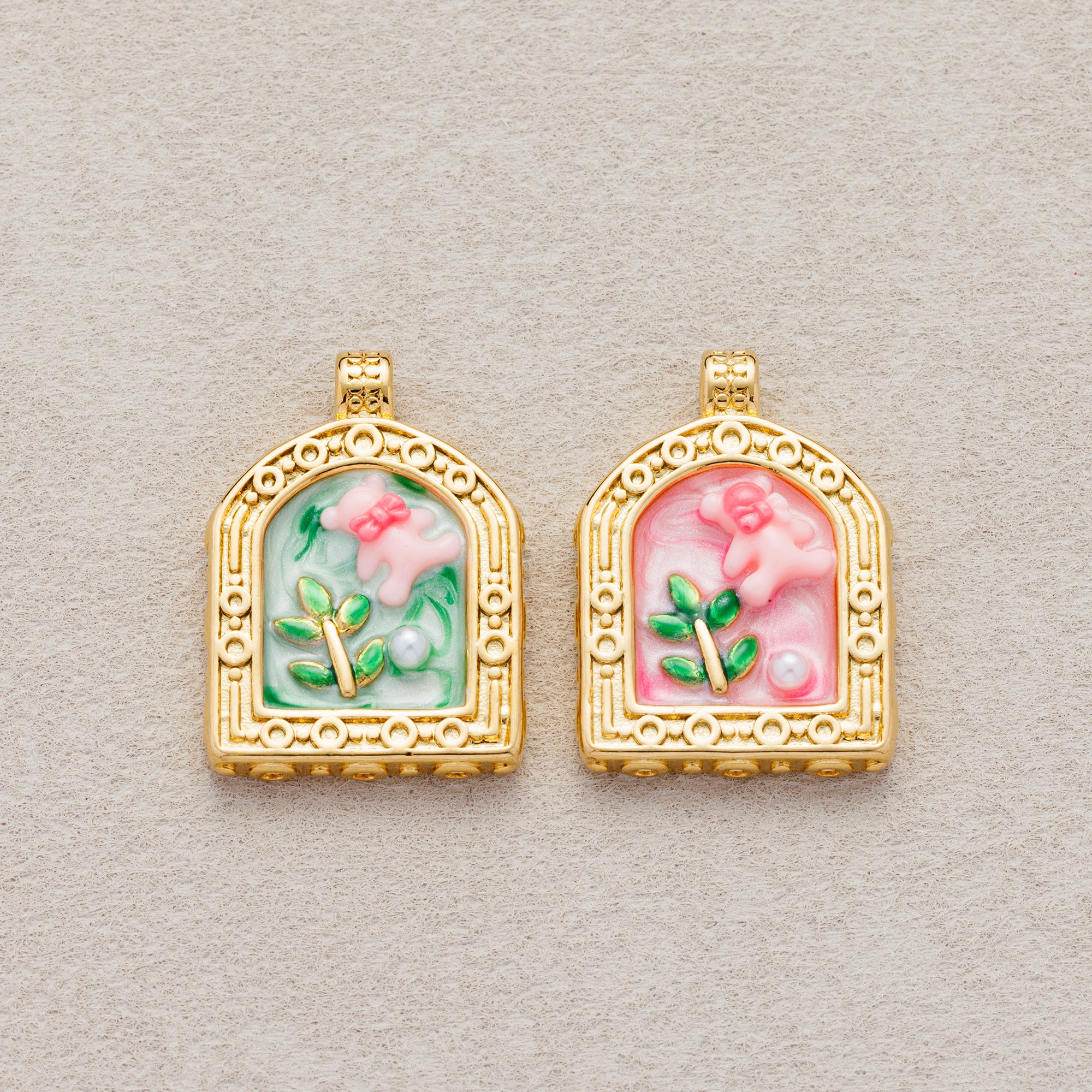 Launch Promo: 24K Gold PVD Stainless Steel Shell Pearl Teddy Bear Garden Enamel Charm in Pink & Green | Sold Each