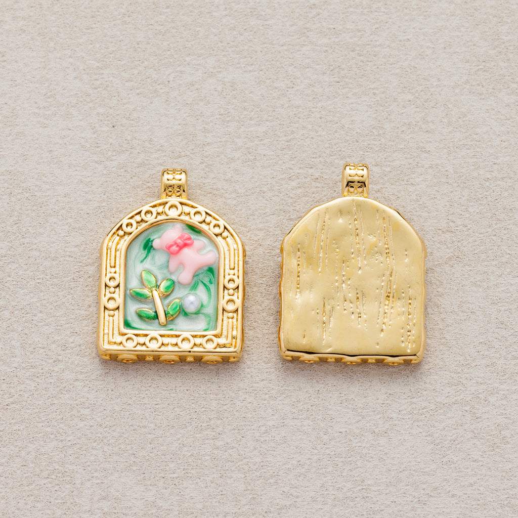 Launch Promo: 24K Gold PVD Stainless Steel Shell Pearl Teddy Bear Garden Enamel Charm in Pink & Green | Sold Each