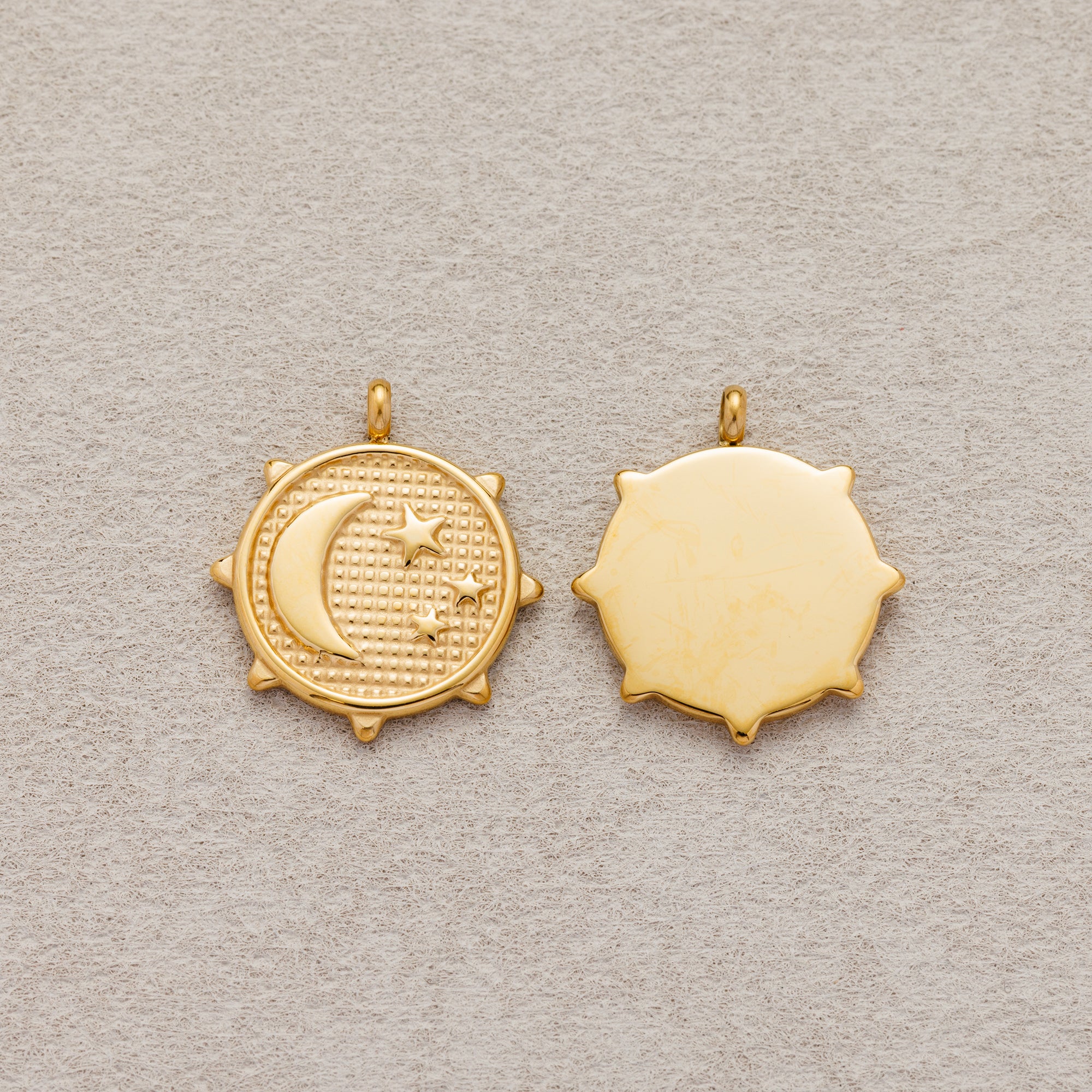 Launch Promo: 14K Gold PVD Stainless Steel Vintage Textured Celestial Moon & Stars Medallion Charm | Sold Each