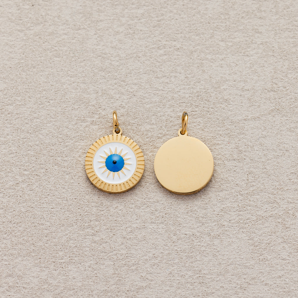 Launch Promo: 14K Gold PVD Stainless Steel White Blue Evil Eye Sunburst Medallion Enamel Charm | Sold Each