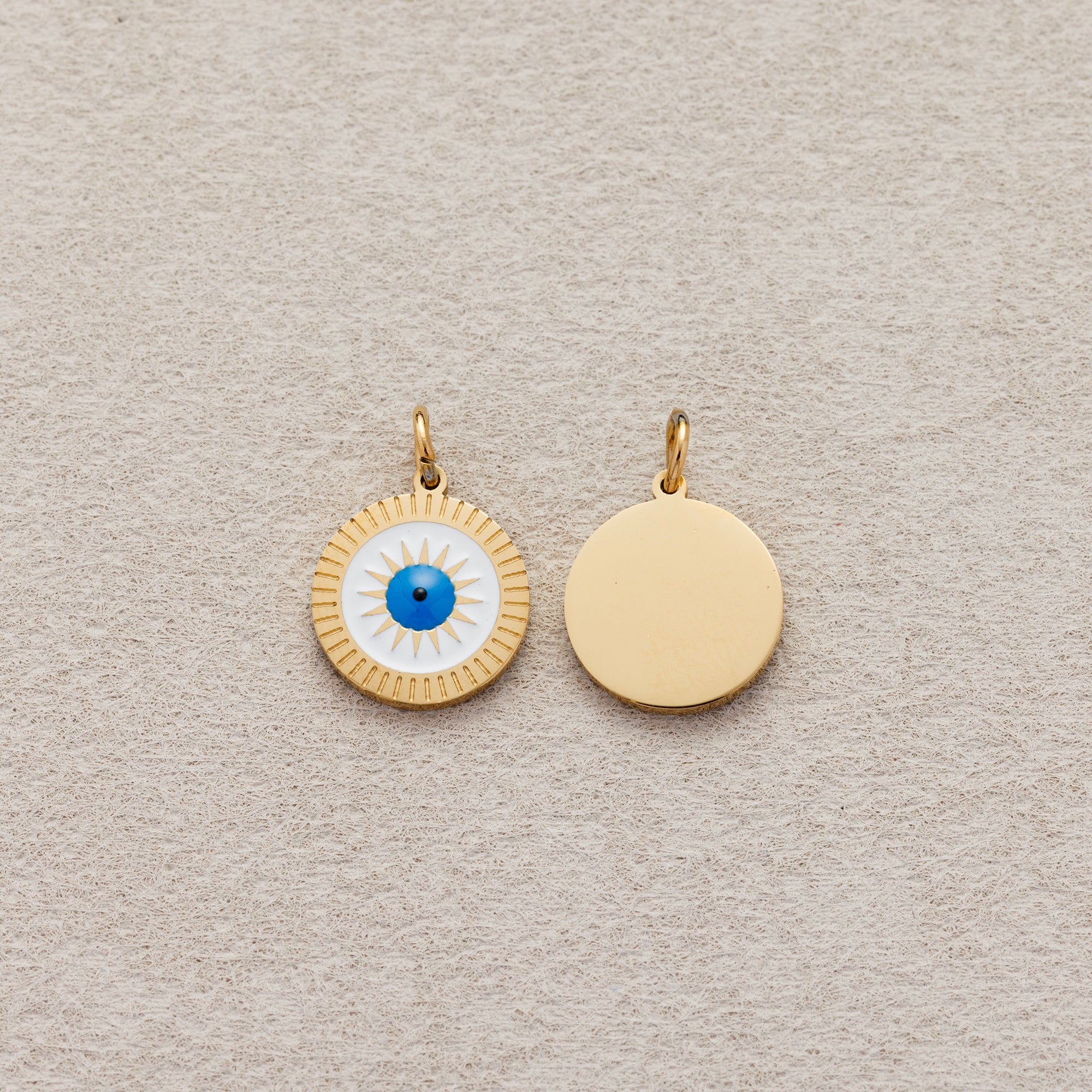 Launch Promo: 14K Gold PVD Stainless Steel White Blue Evil Eye Sunburst Medallion Enamel Charm | Sold Each