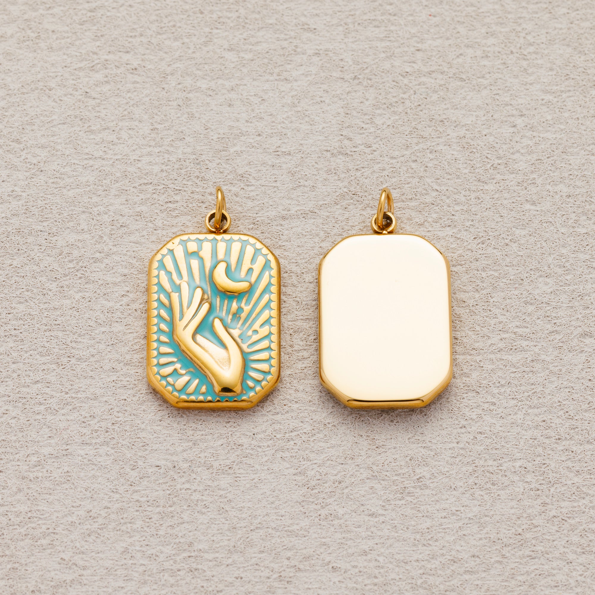Launch Promo: 14K Gold PVD Stainless Steel Turquoise Celestial Hand & Moon Rectangular Medallion Pendant | Sold Each
