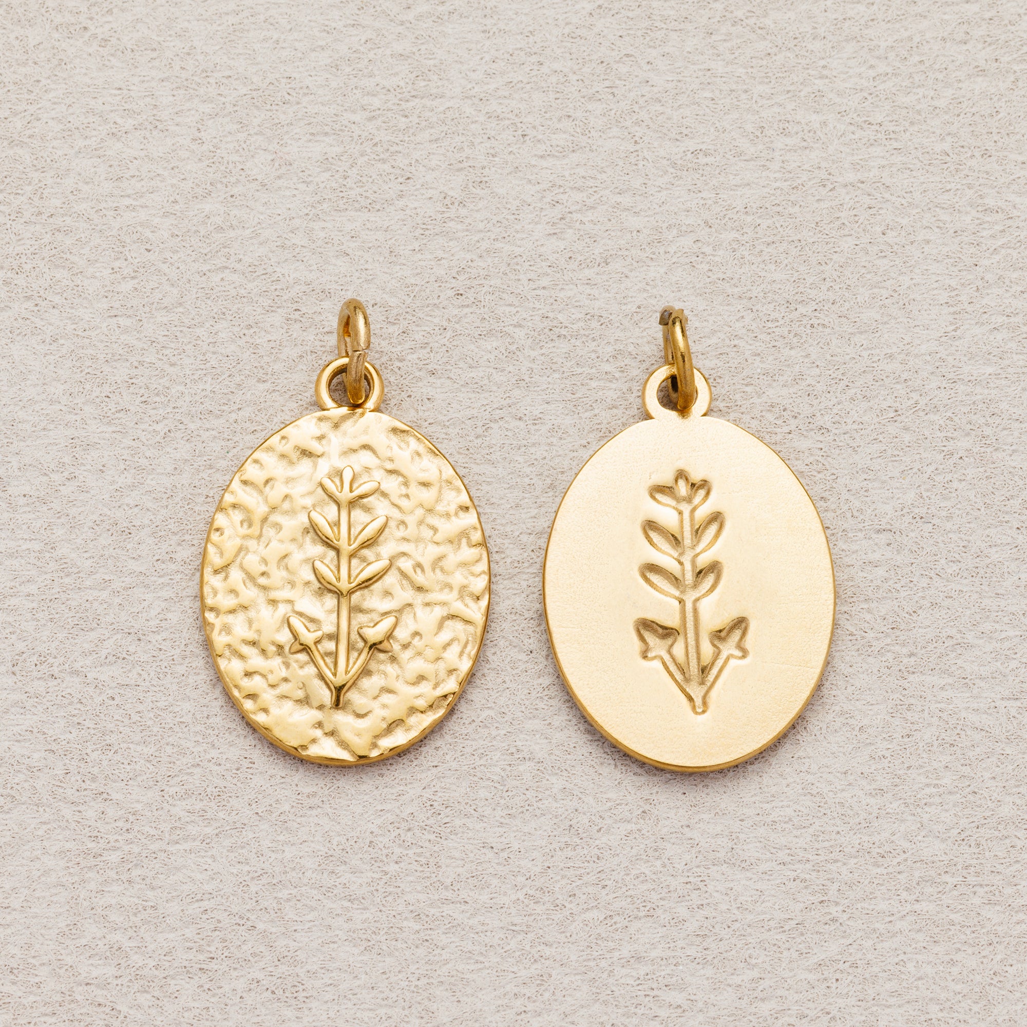 Launch Promo: 24K Gold PVD Stainless Steel Oval Hammered Botanical Medallion Charm | Sold Each