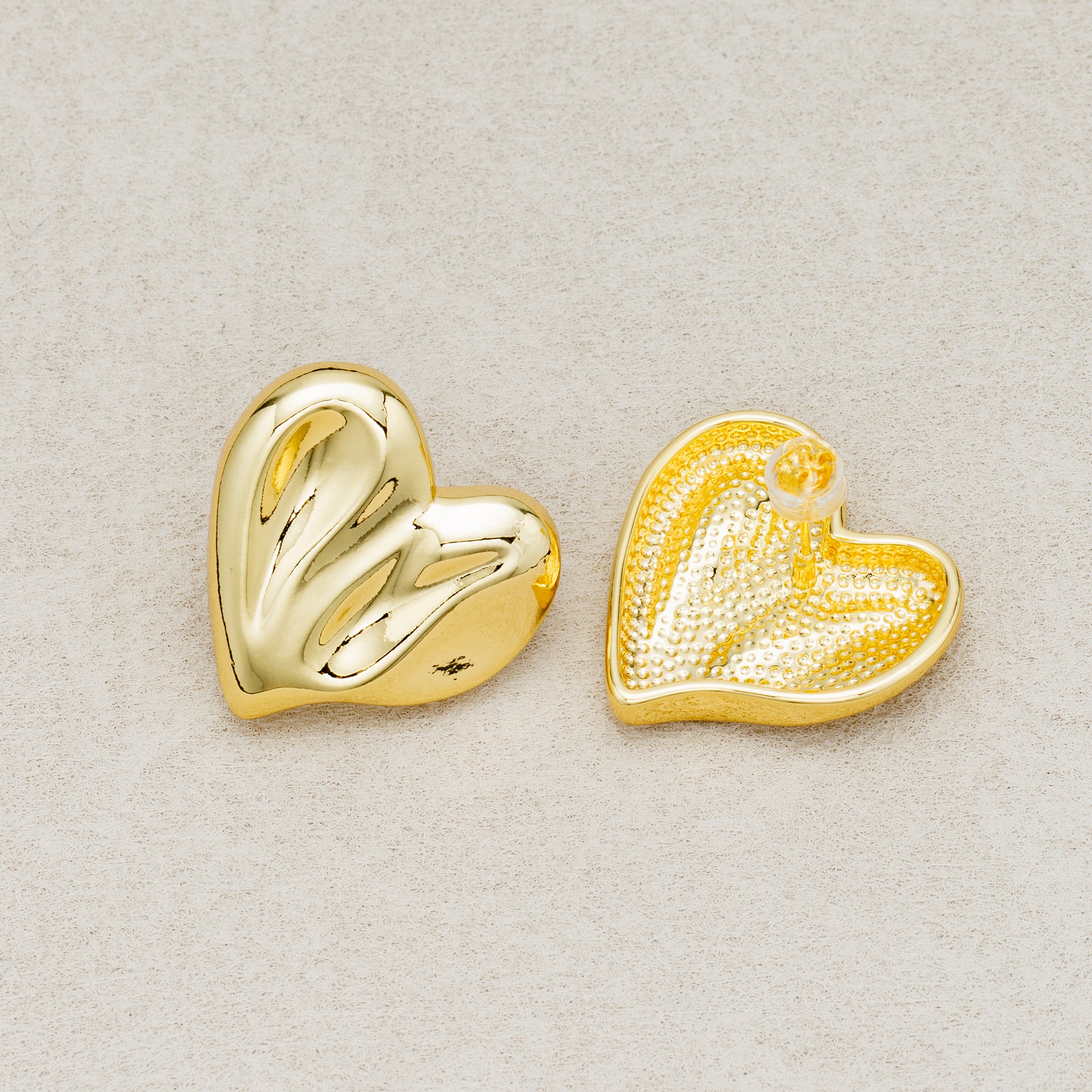 24K Gold Plated Hammered Puffy Heart Stud Earring in Gold & Silver