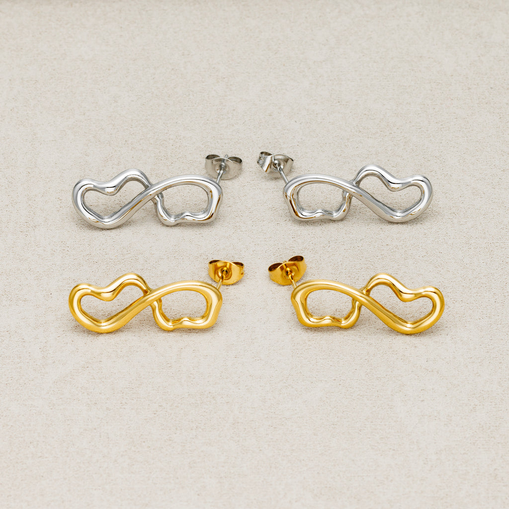Launch Promo: 24K Gold PVD Stainless Steel Molten Infinity Love Stud Earring in Gold & Silver