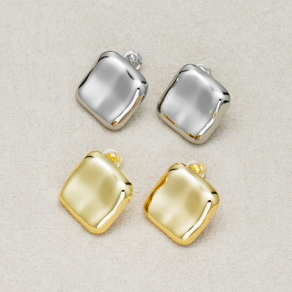 Launch Promo: 24K Gold PVD Stainless Steel Molten Geometric Square Stud Earring in Gold & Silver